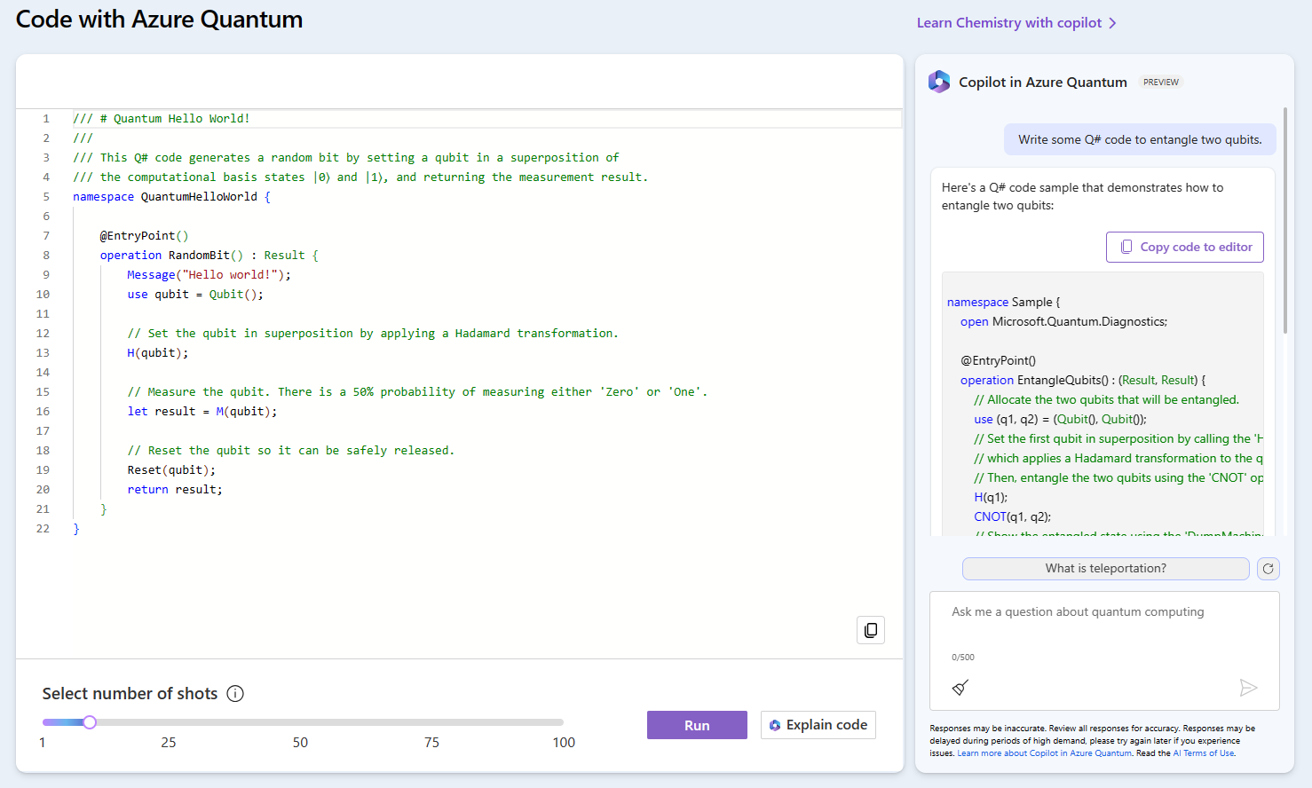 Screenshot of Copilot in Azure Quantum showing a sample and the answer of Copilot to a question for generating new code.