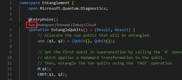 Screenshot of VS Code showing how to run a Q# file using the codelens under entry point. 