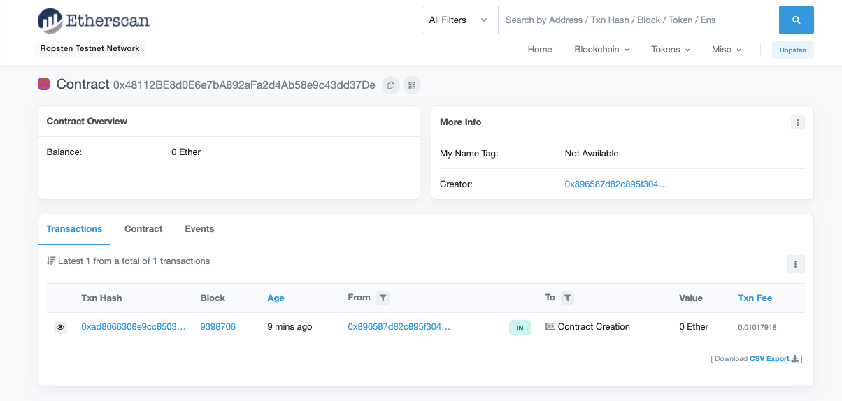 Screenshot showing the contract deployed in Etherscan.