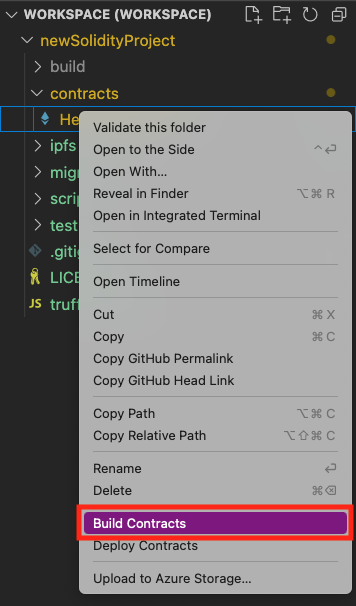 Screenshot showing the Explorer pane. For the selected contract file, the Build Contracts command is selected.