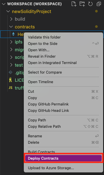 Screenshot showing the Explorer pane. In the shortcut menu, the Deploy Contracts command is selected.