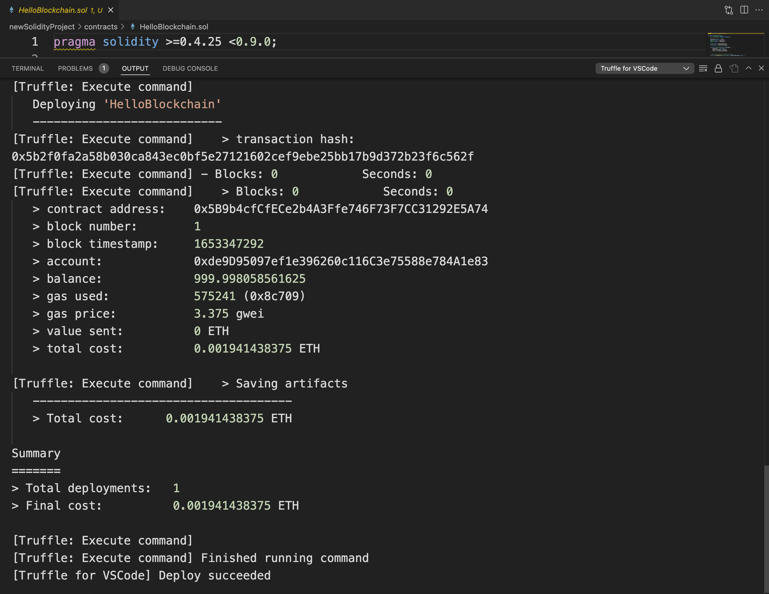 Screenshot showing output information about the deployed migrations and contracts. The Truffle for VS Code menu item is selected.