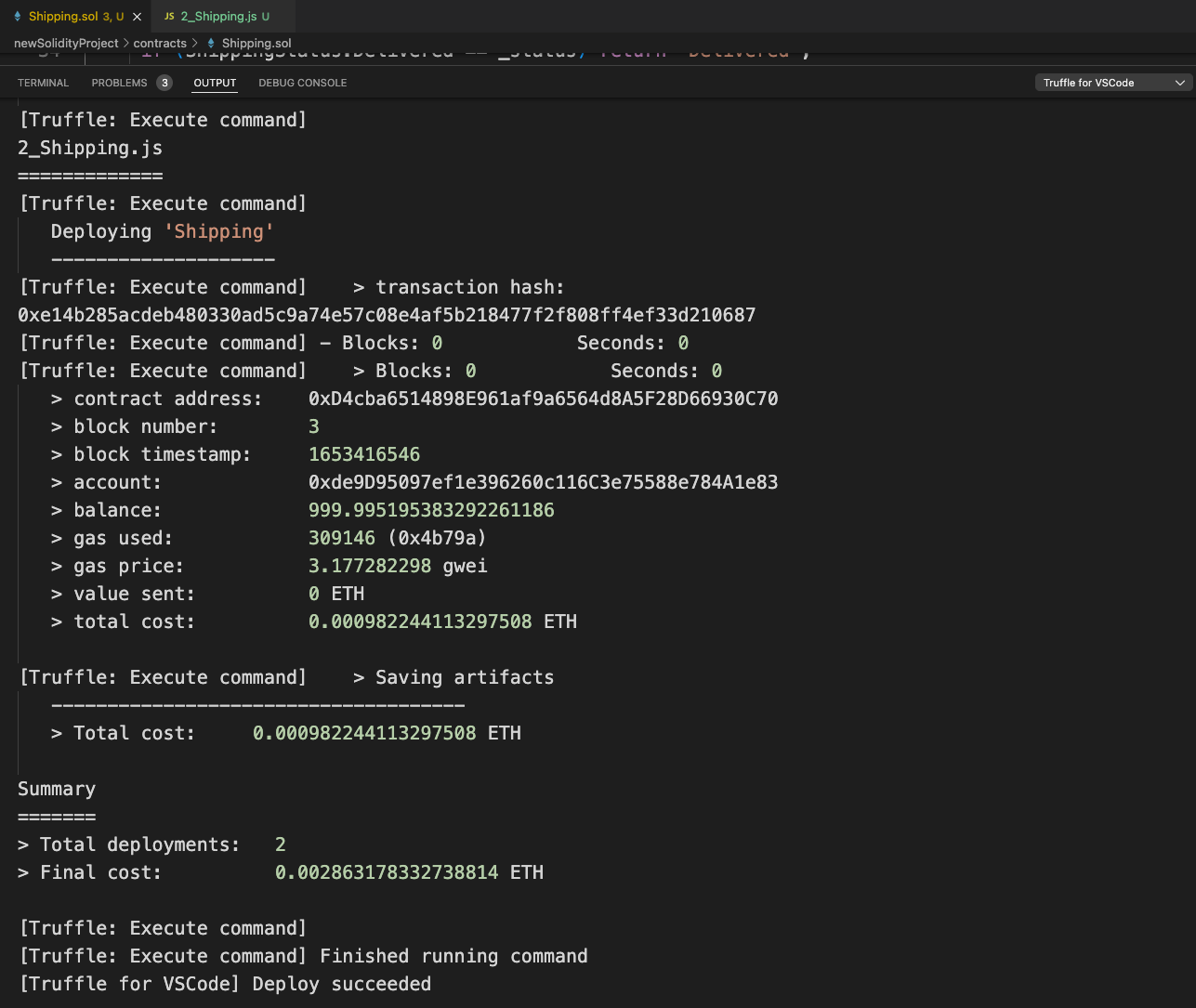 Screenshot showing the output window for the shipping contract migration.