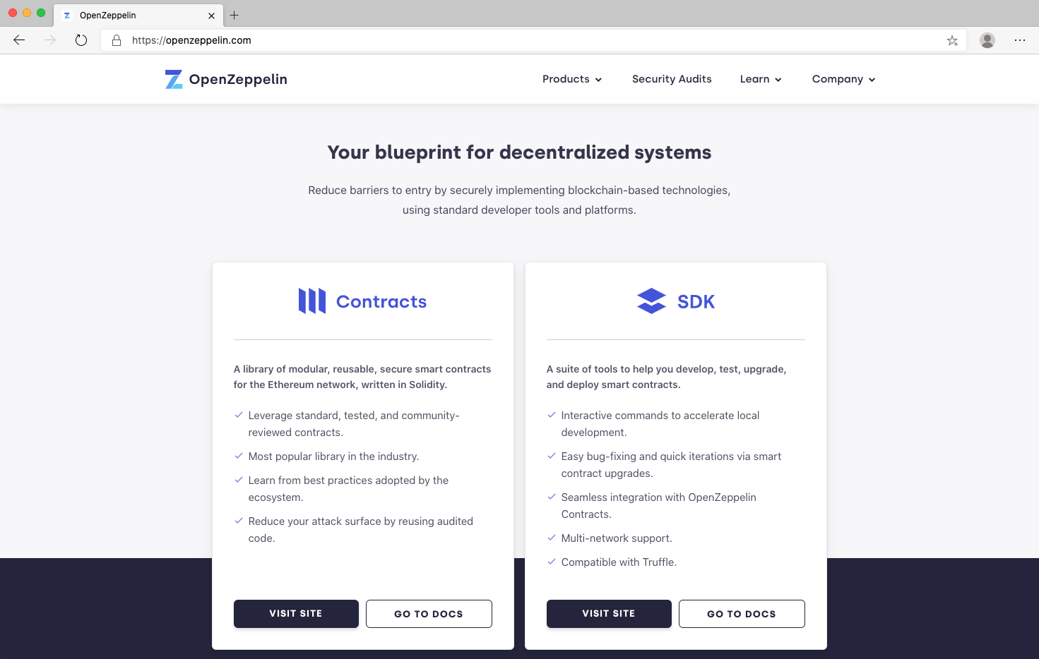 Screenshot of a web browser open to the OpenZeppelin home page, with the Contracts and SDK products summarized.