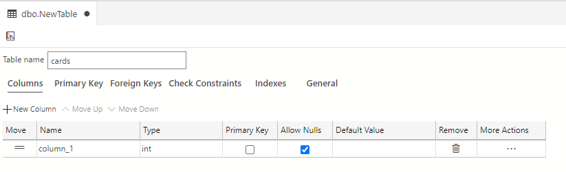 Screenshot of changing the Table name field from it's provided default of NewTable to cards.