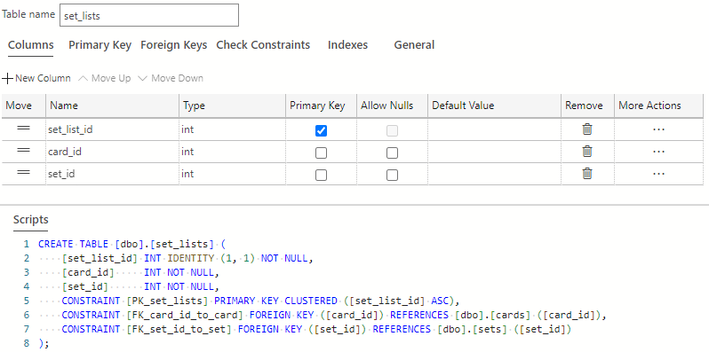 A screenshot of the completed card set list table in Azure Data Studio.