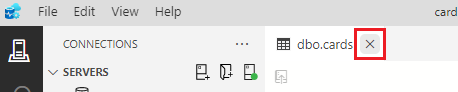 Screenshot showing how to click the X on the table designer tab to close the table designer for the cards table