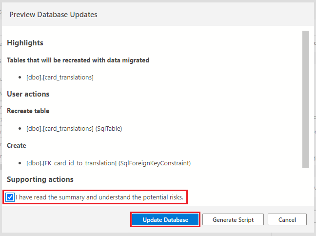 Screenshot showing how to click the Update Database button to submit the changed to the card_translations table to the database.