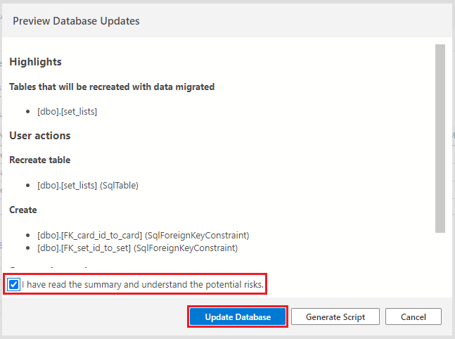 Screenshot showing how to select the Update Database button to submit the changed to the set_lists table to the database.