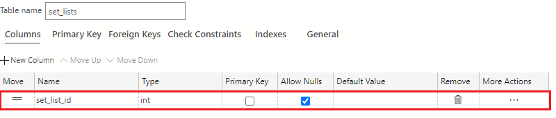 Screenshot showing how to use the default column and name it set_list_id with a data type of int.