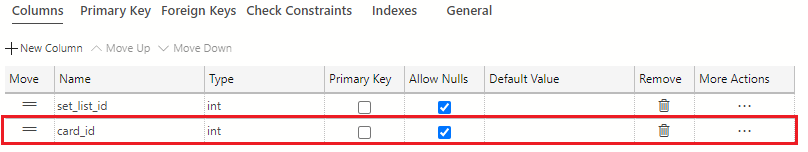 Screenshot showing how to add a new column using the + New Column button and name the column card_id with a data type of int.