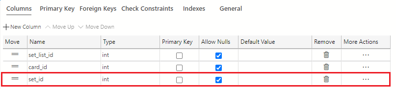 Screenshot showing how to add a new column using the + New Column button and name the column set_id with a data type of int.