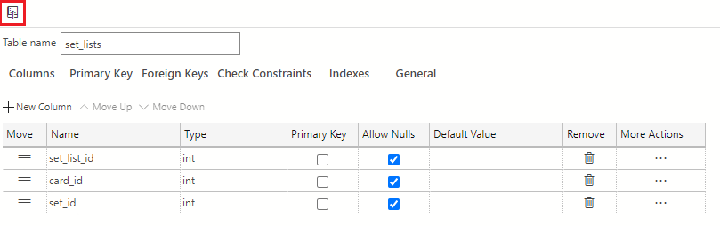 Screenshot showing how to click the Publish Changes button, just above the table name field.