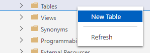 Screenshot showing how to right-click the Tables folder and select New Table.