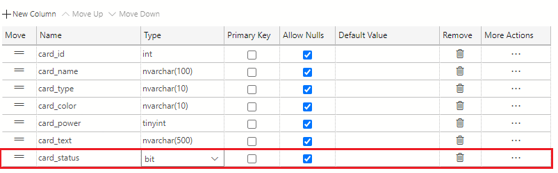 Screenshot showing how to create the card_status column.