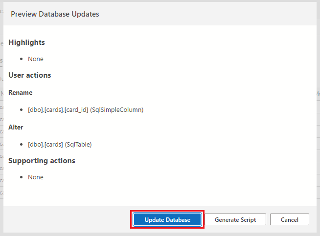 Screenshot showing how to click the Update Database button to submit the changed to the cards table to the database.