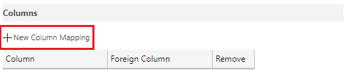 A screenshot showing how to select the + New Column Mapping button in the Foreign Key properties pane.