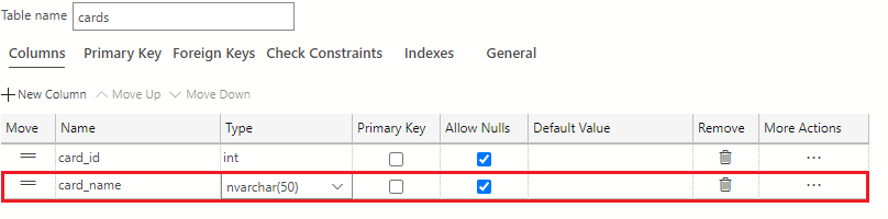 A screenshot of showing how to set the card_name column attributes.