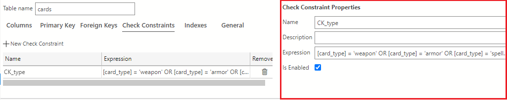 Screenshot showing how to create a check constraint on the card_type column.