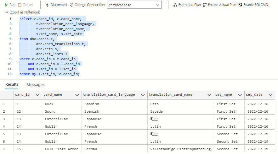 Screenshot showing a SQL query joining all four tables with much more data after the additional data was inserted into the tables.