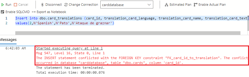 Screenshot showing how a foreign key prevents the insert with a card_id not in the cards table.