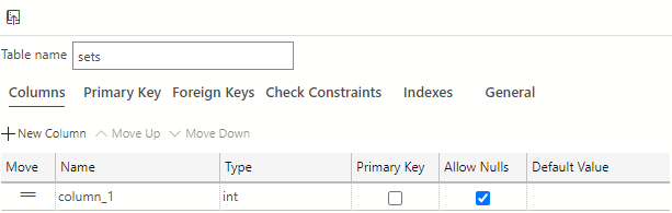 Screenshot showing how to change the Table name field from its provided default of NewTable to sets.