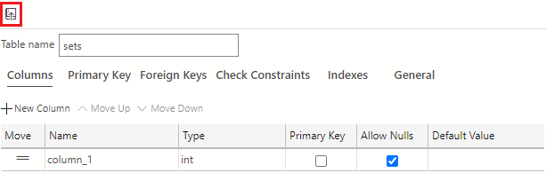 Screenshot showing how to select the Publish Changes icon located in the upper left-hand corner of the Table Designer, just above the table name field.