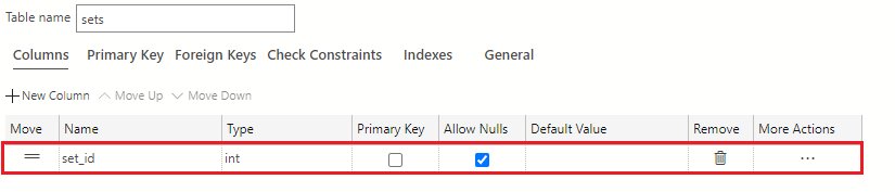 Screenshot showing how to use the default made column and name it set_id with a data type of int.