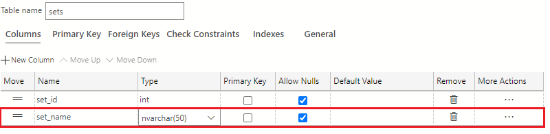 Screenshot showing how to add a new column using the + New Column button and name the column set_name with a data type of nvarchar(50).