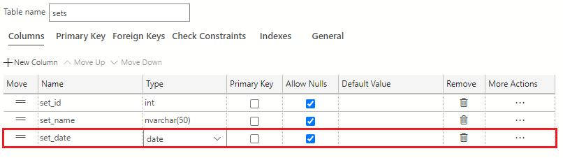 Screenshot showing how to add a new column using the + New Column button and name the column set_date with a data type of date.