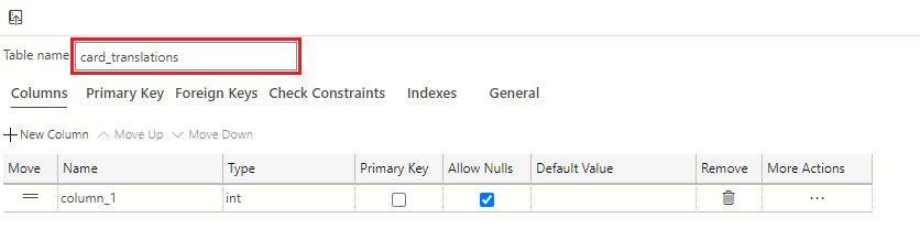 Screenshot showing how to change the Table name field from its provided default of NewTable to card_translations.