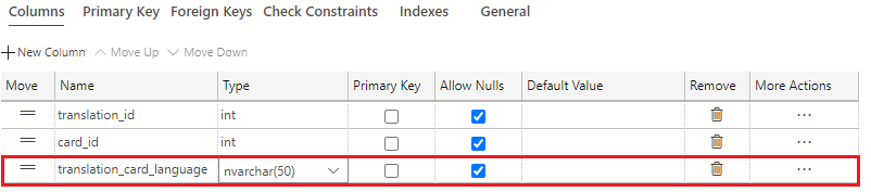 Screenshot showing how to add a new column to the card_translations table using the + New Column button and name the column translation_card_language with a data type of nvarchar(50).