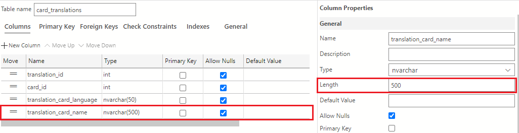 A screenshot showing how to add a new column to the card_translations table using the +New Column button and name the column translation_card_name with a data type of nvarchar(50).