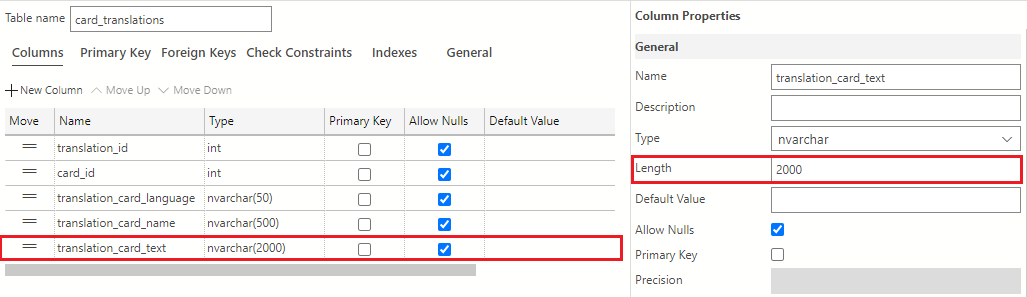 A screenshot showing how to add a new column to the card_translations table using the +New Column button and name the column translation_card_text with a data type of nvarchar(2000).