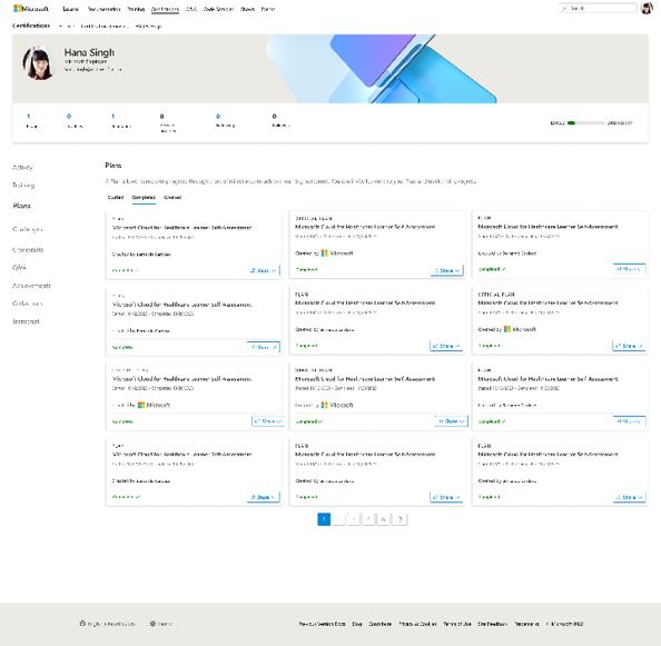 Screenshot of the Plans section in the Learn user profile showing Completed plans for a uservia the 'Completed' tab within the Plans screen.