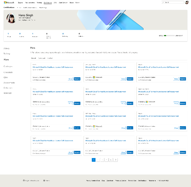 Screenshot of the Plans section in the Learn user profile showing Started plans for a user via the 'Started' tab within the Plans screen.