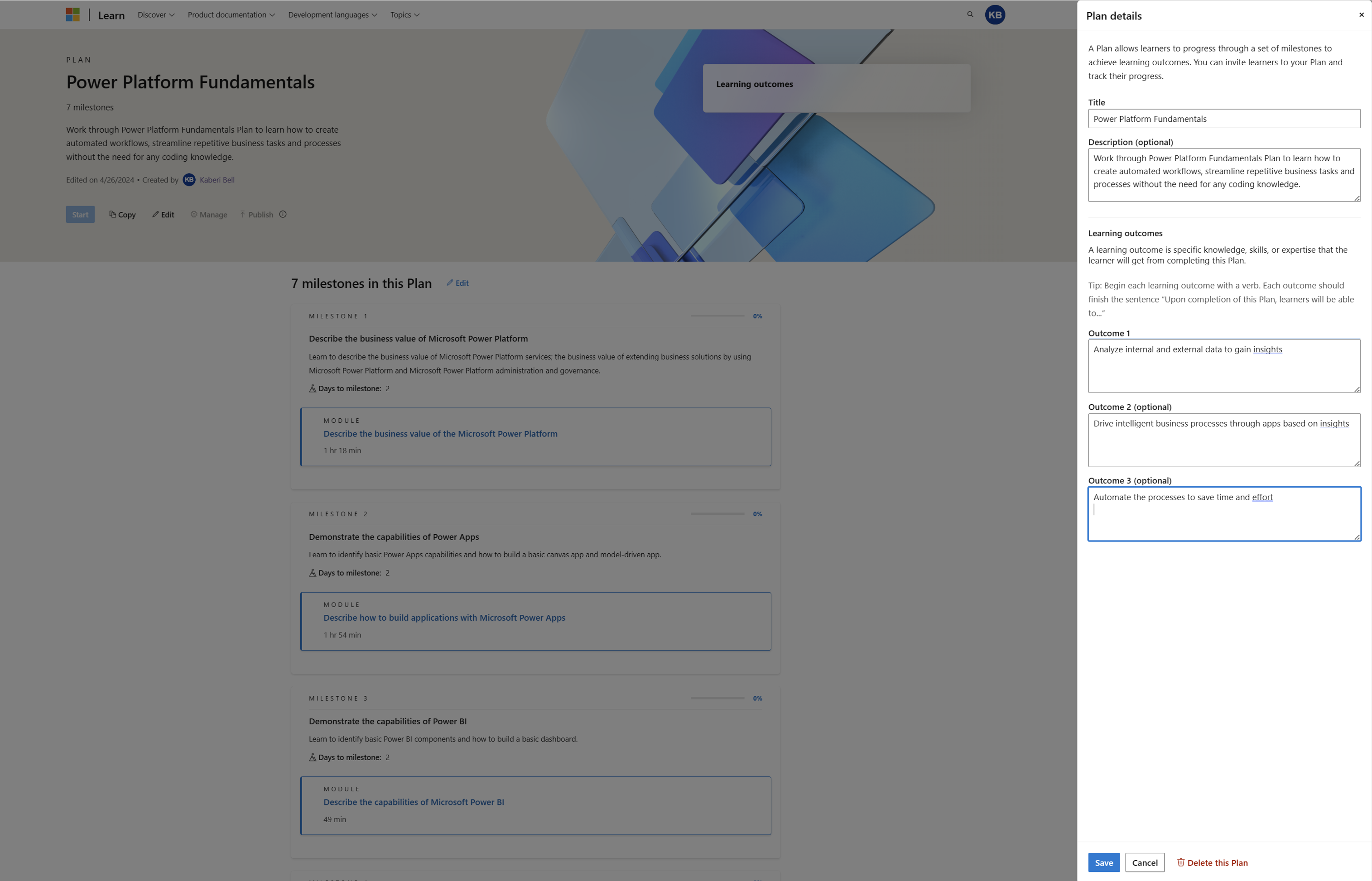 Screenshot of adding learning outcomes to a plan. A blade opens that allows the plan creator to input learning outcomes and save them.