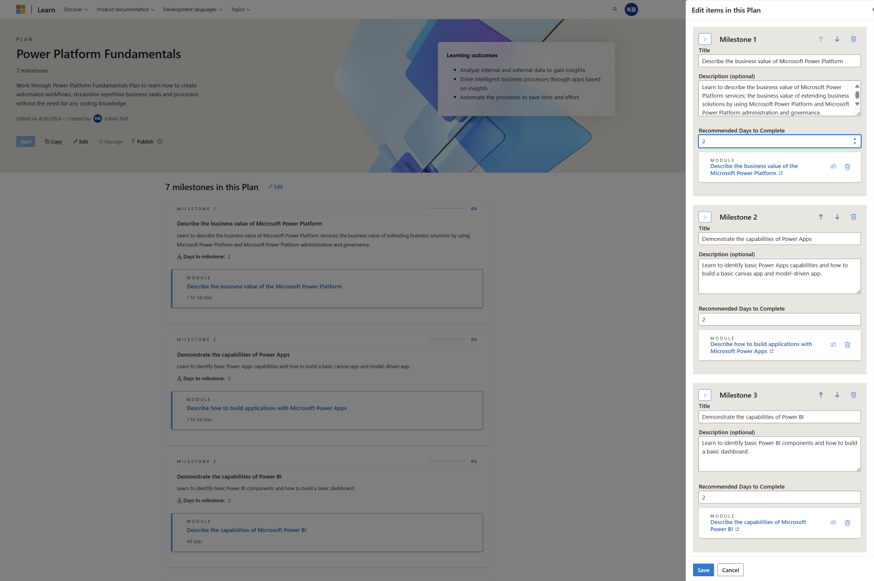 Screenshot of adding milestones to a plan. A blade opens that allows the plan creator to add milestones and recommended days to complete.