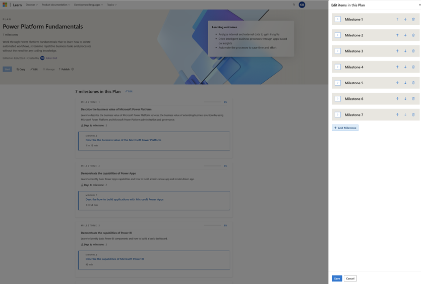 Screenshot of managing milestones in a plan. This screenshots shows how you can collapse the information in each milestone to make it easier to focus on the one you want to edit.