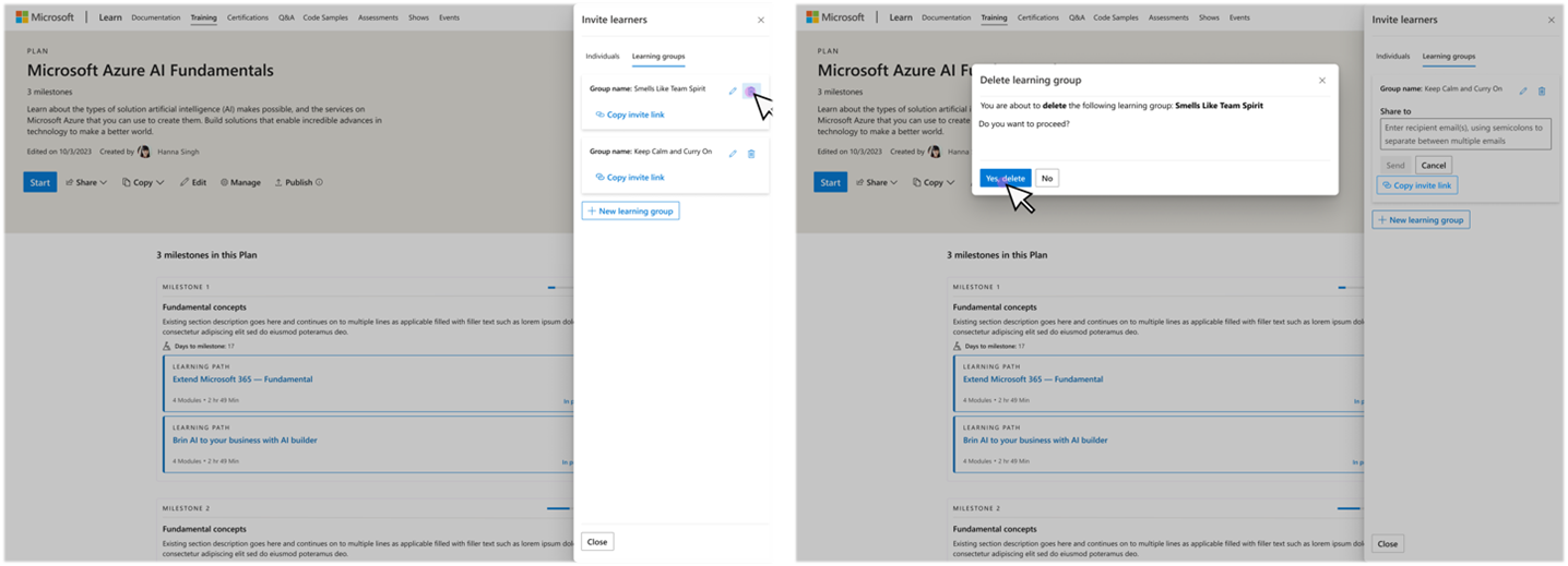 Screenshot of deleting a learning group through the manage plans page.