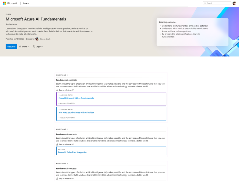 Screenshot of the Plan details from a learner's point of view.