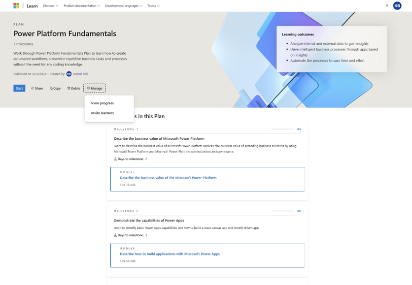 Screenshot of inviting learners to your plan. After publishing the plan, a 'Manage' button becomes available, that when clicked, presents an option to Invite Learners.