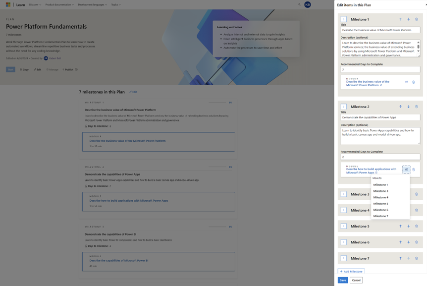 Screenshot of managing milestones in a plan. A blade opens that allows the plan creator to edit the milestones and recommended days to complete.