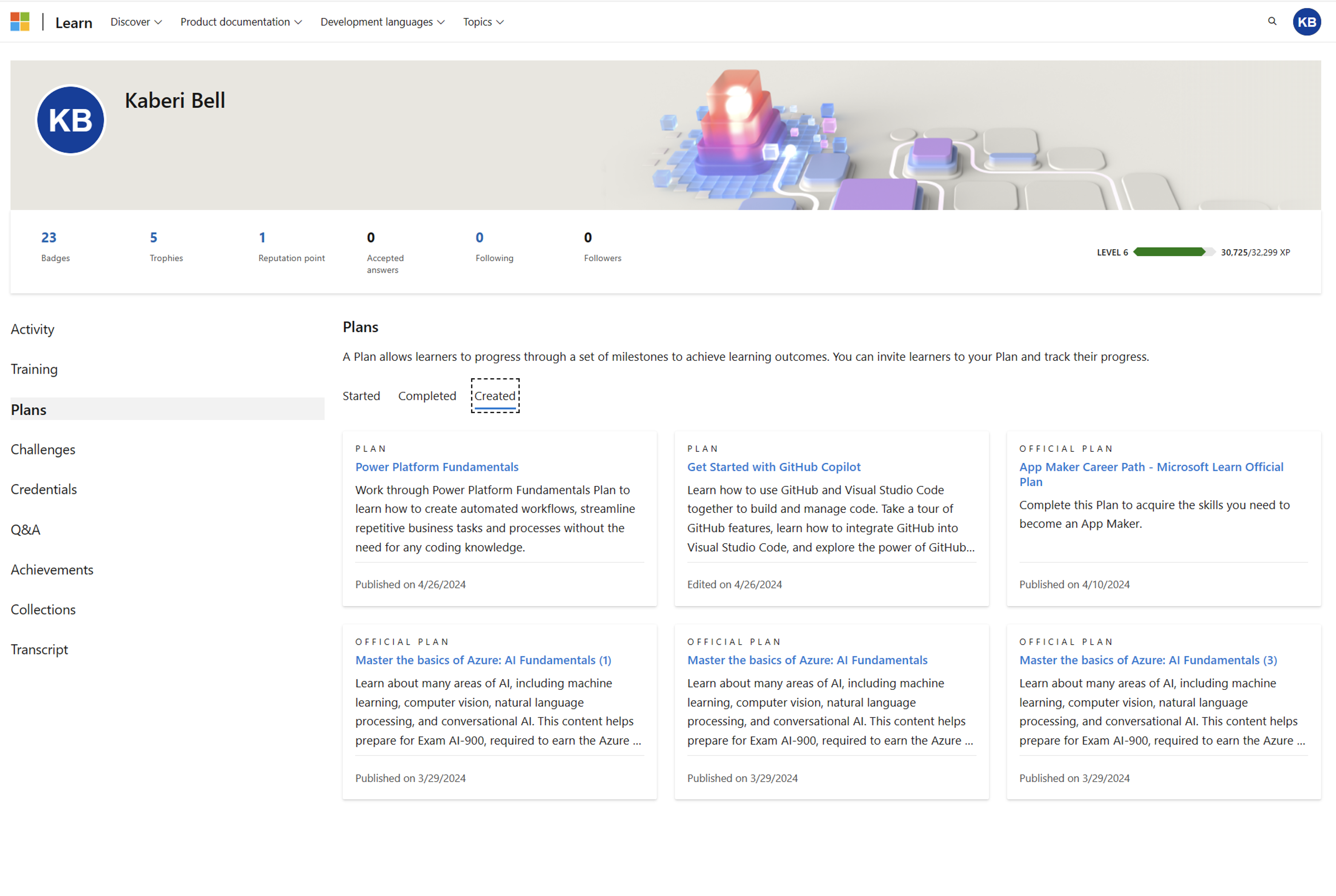 Screenshot of a Learn user profile where plans activity is shown. Created plans are shown in the 'Created' tab.