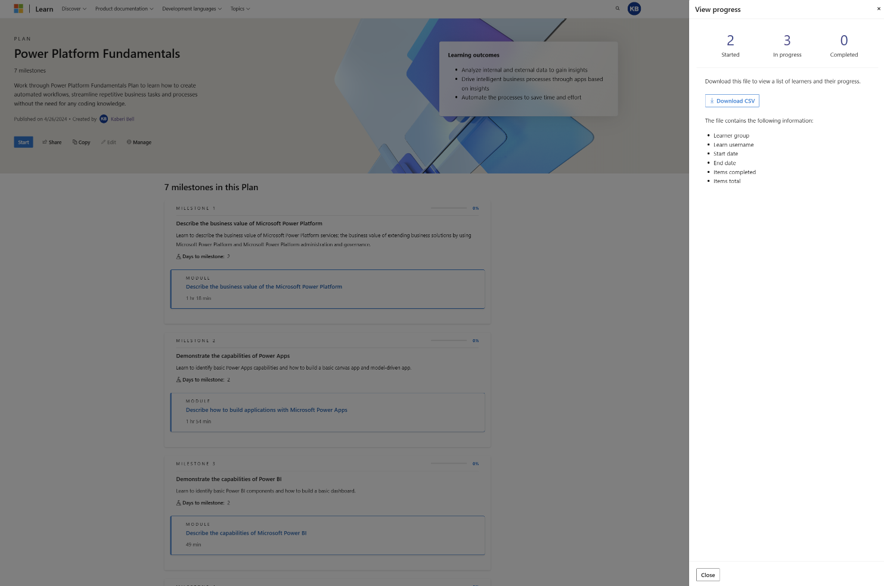 Screenshot of viewing learner progress through the manage plans page.