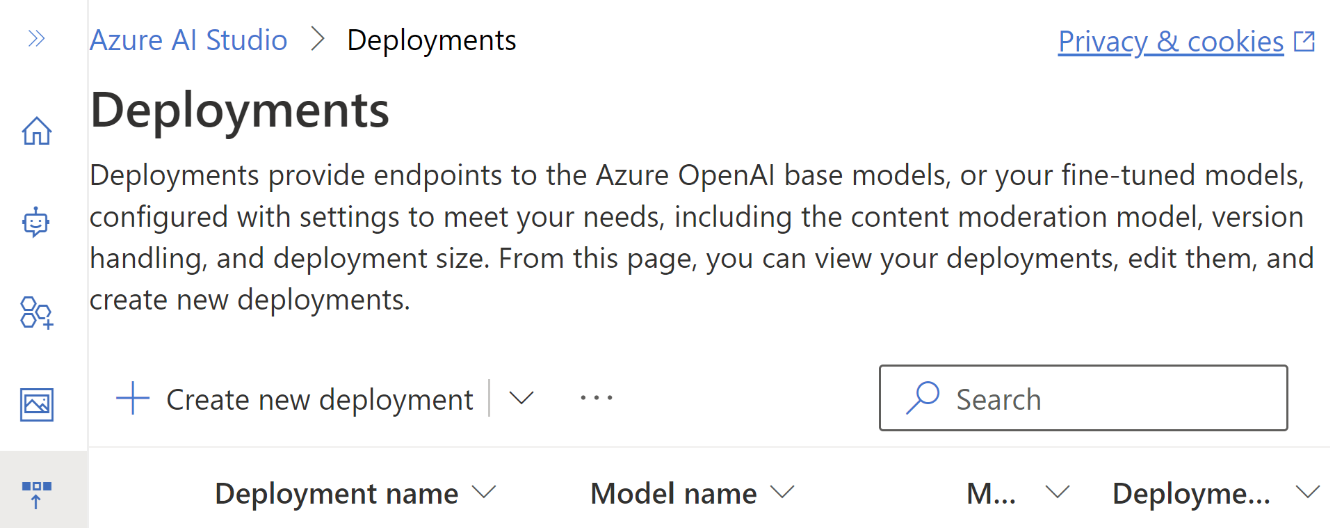 A screenshot of the Azure OpenAI deployments page.