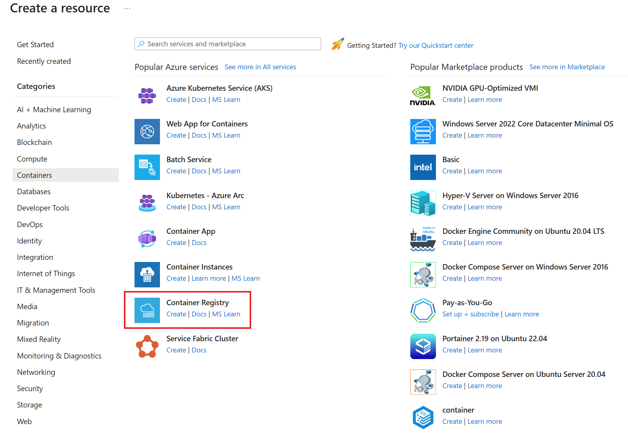 Screenshot showing Container Registry in the Azure Marketplace.