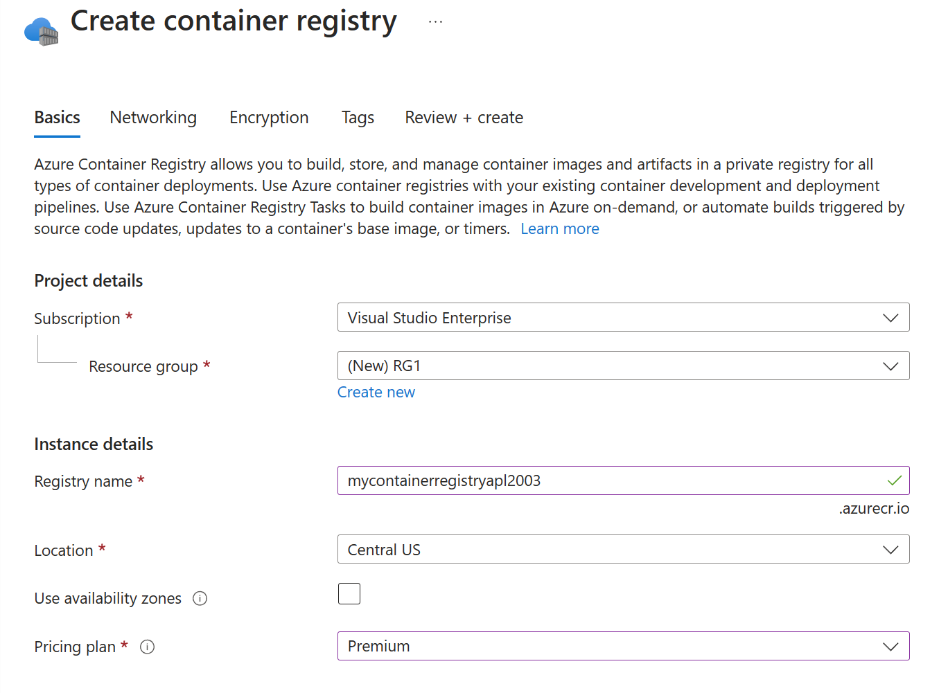 Screenshot showing the Basics tab options used to create a Container Registry instance.