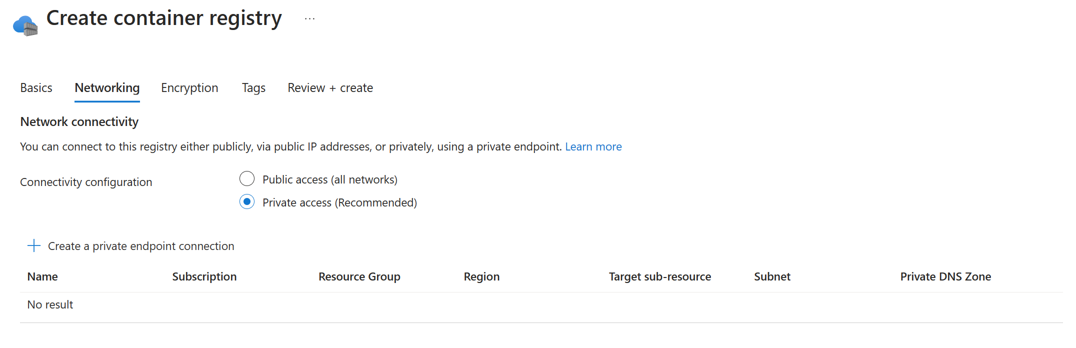 Screenshot showing the Networking tab options used to create a Container Registry instance.