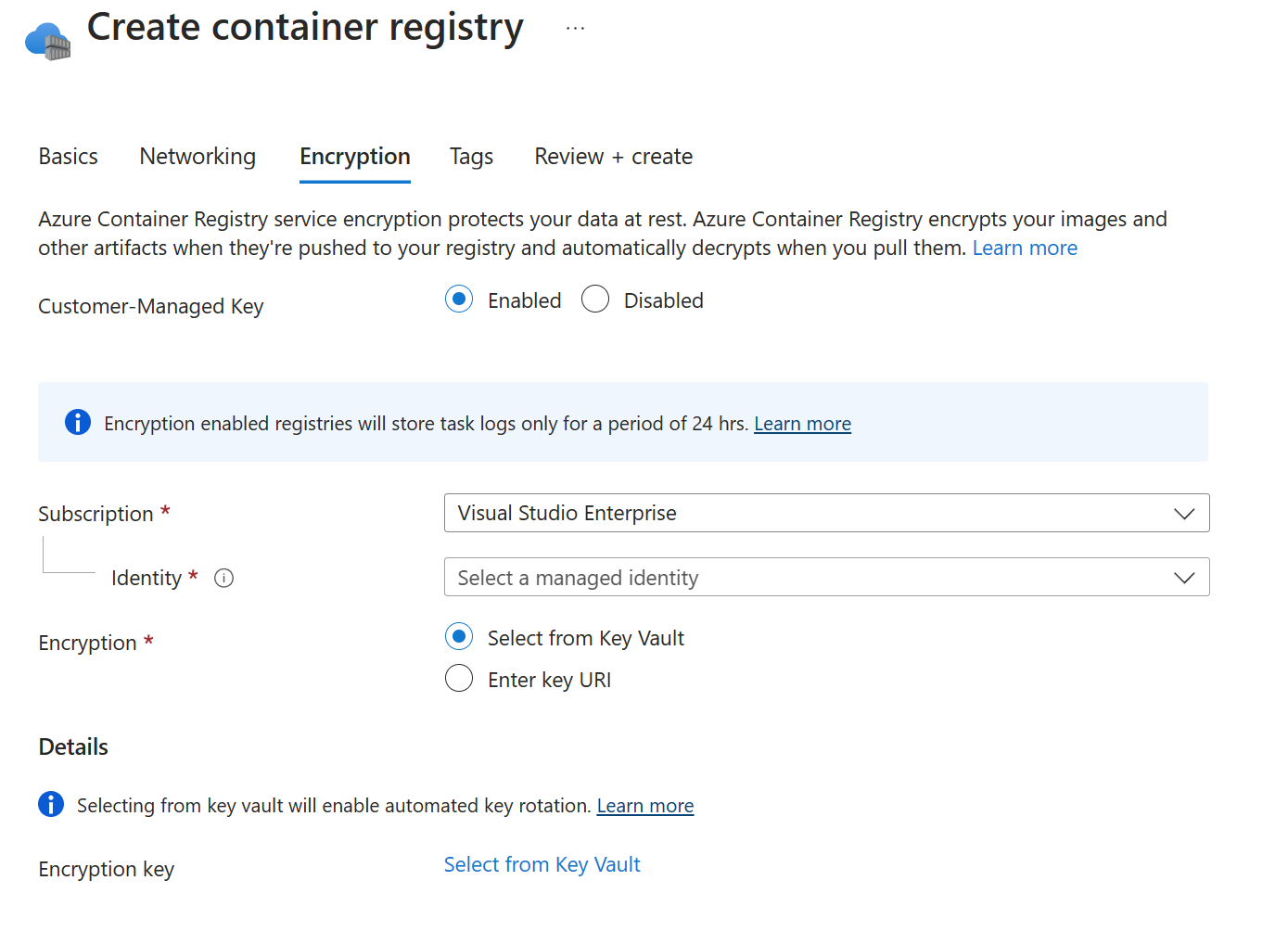 Screenshot showing the Encryption tab options used to create a Container Registry instance.